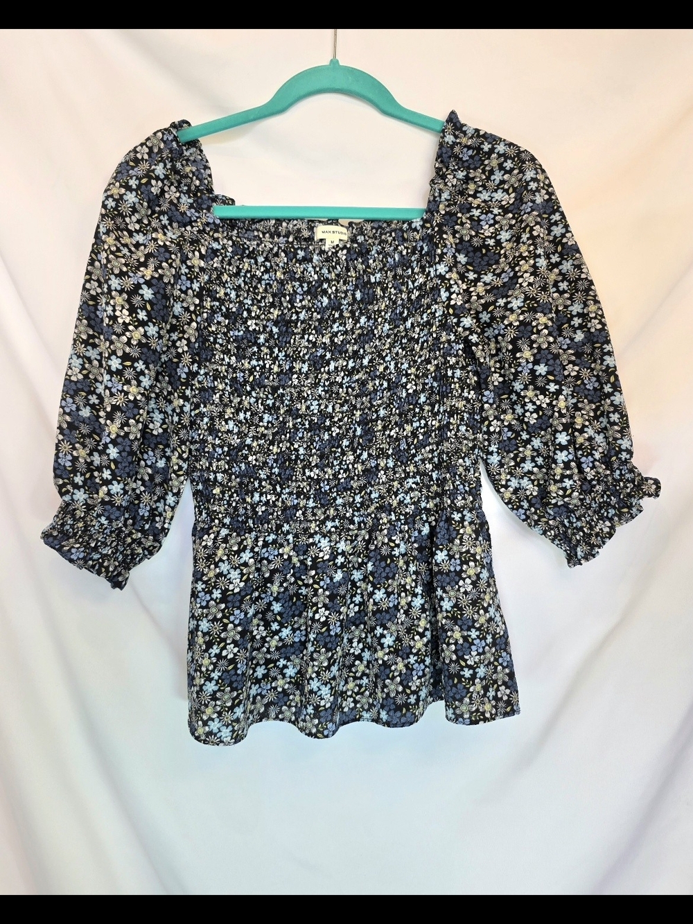 Max Studio Blue Floral Cottagecore Peplum Coquette Girl Puff Sleeve Blouse Sz M